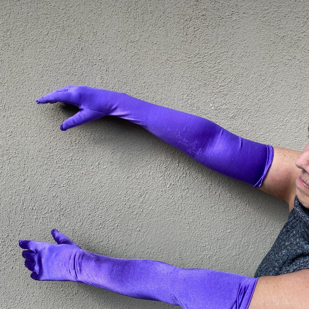 Purple satin shoulder length gloves